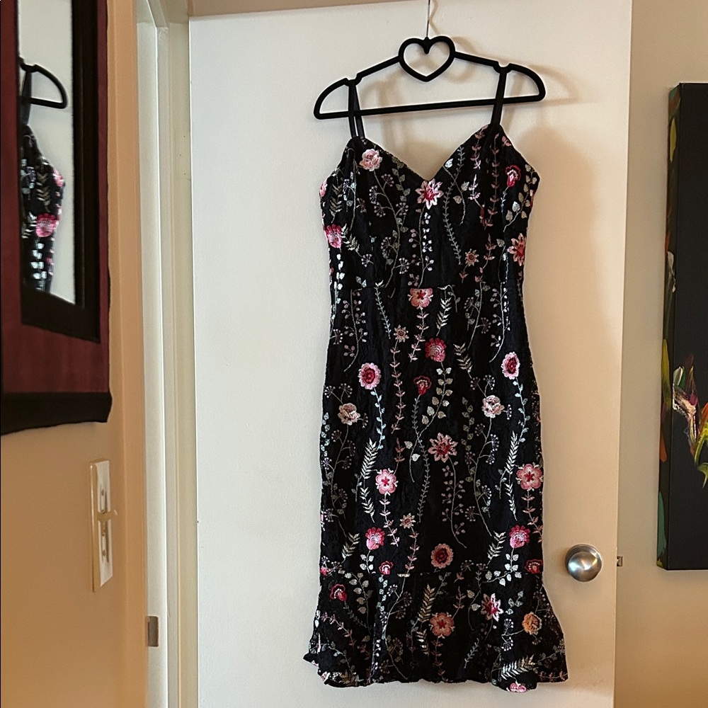 Siena Studio Elegant Black Midi Dress with Pink Floral Pattern